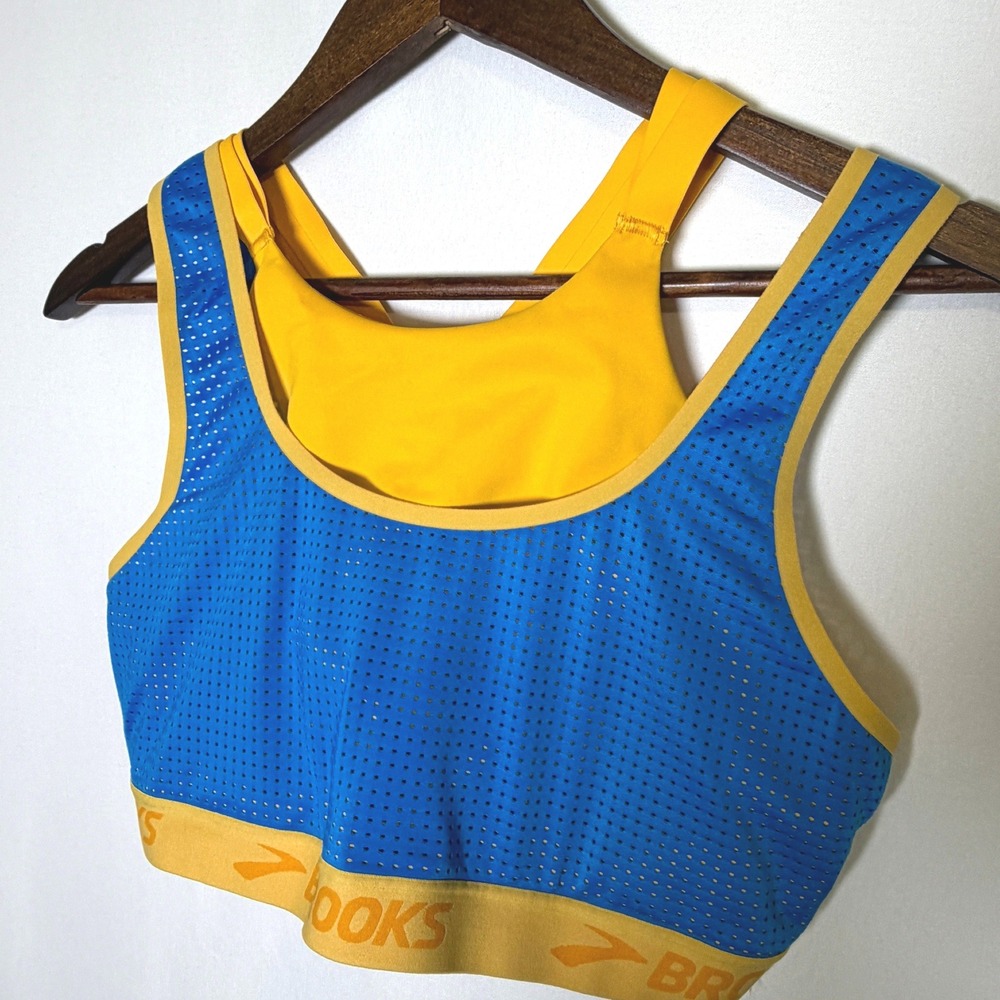Brooks Women Blue Yellow Mesh Crisscross Back Running Sports Bra Size M?